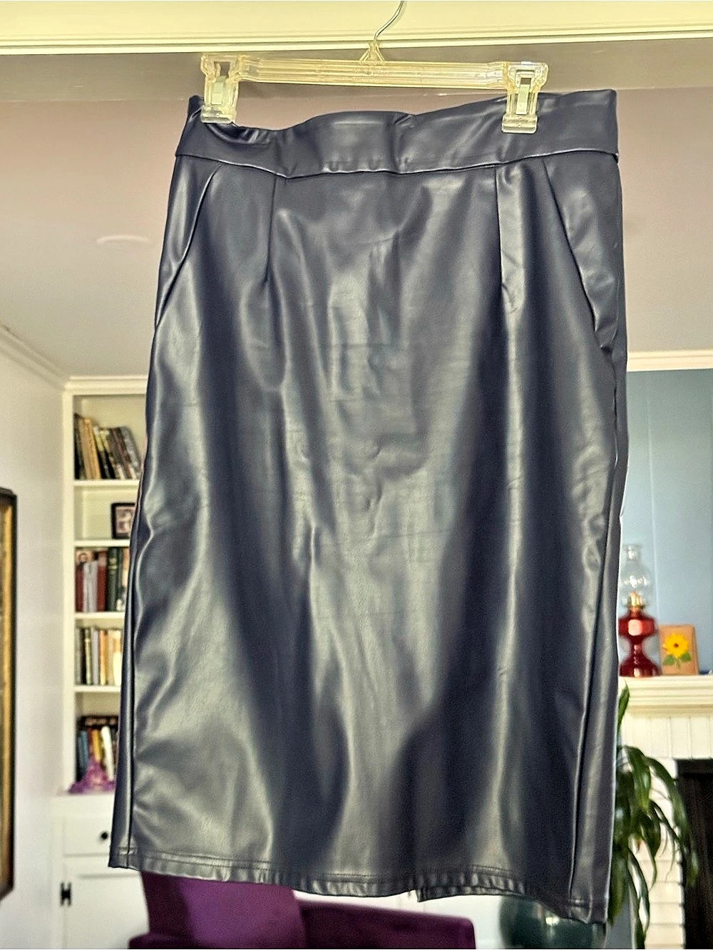 Faux Leather Midi Skirt in Navy Blue Like New